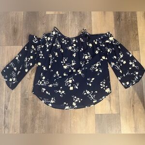 Kaari Blue Navy Floral Cold Shoulder Blouse